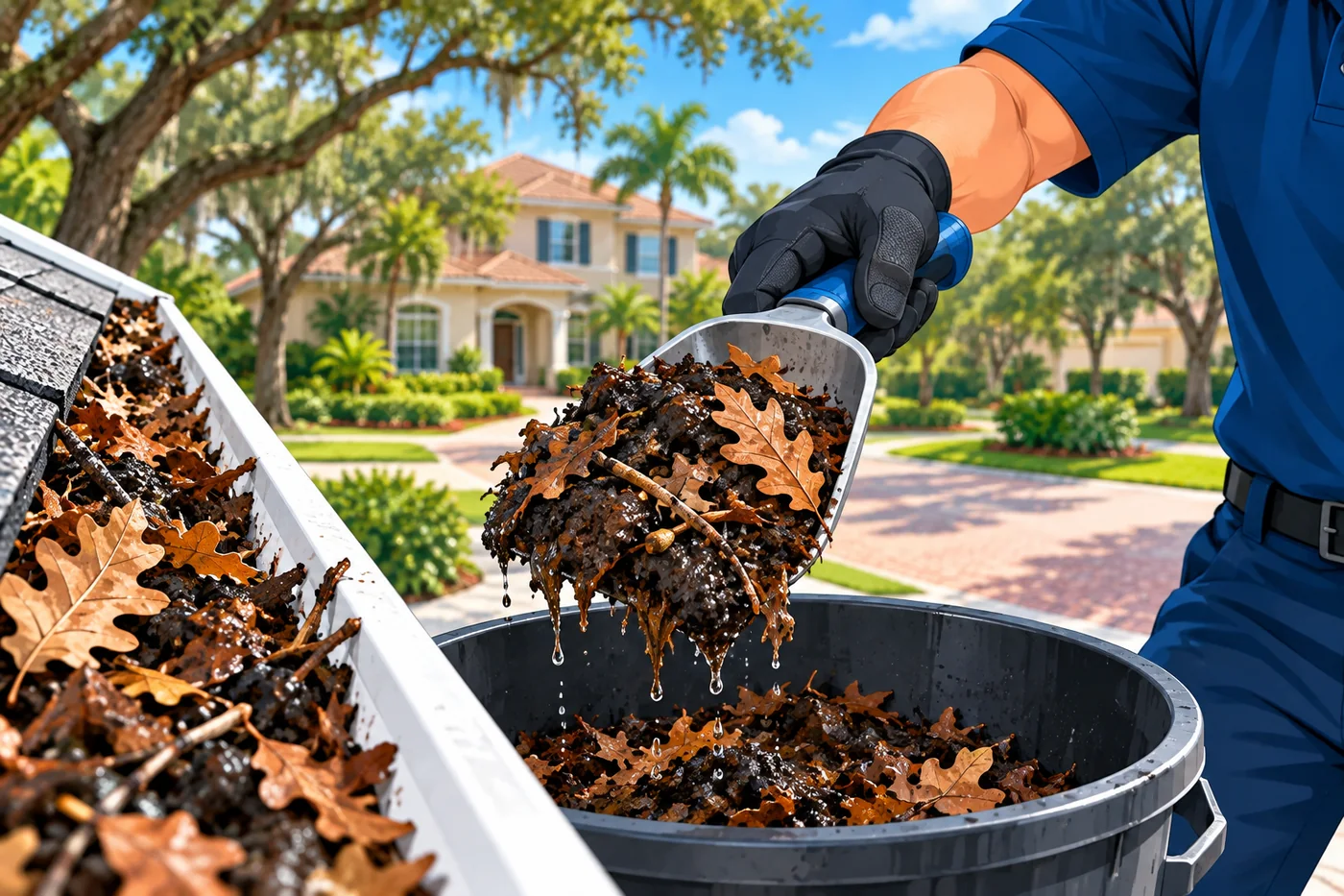 Illustration: gutter debris and cleaning at a Florida home near Longwood